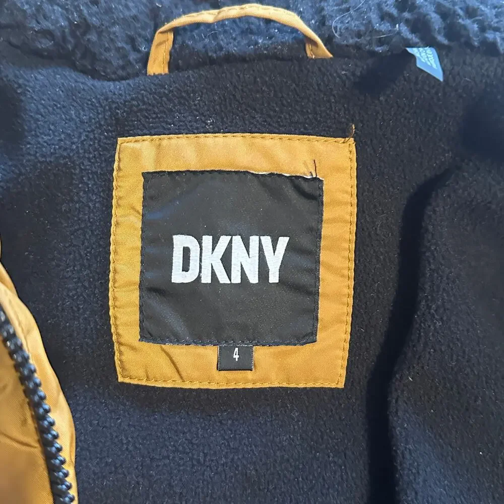 DKNY Puffer Coat Boys Size 4 Mustard Brown Hooded Quilted Outdoor Winter Gorp